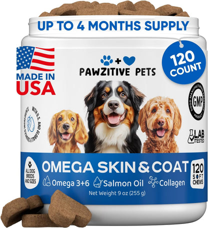 Omega 3 Fish Oil for Dogs Chews - Dog Skin & Coat Supplement for Itch Relief, Hot Spot Treatment - USA Product - Salmon Oil for Dogs Itching Skin Relief, Shedding, Hip & Joint Health - 120 Soft Treats