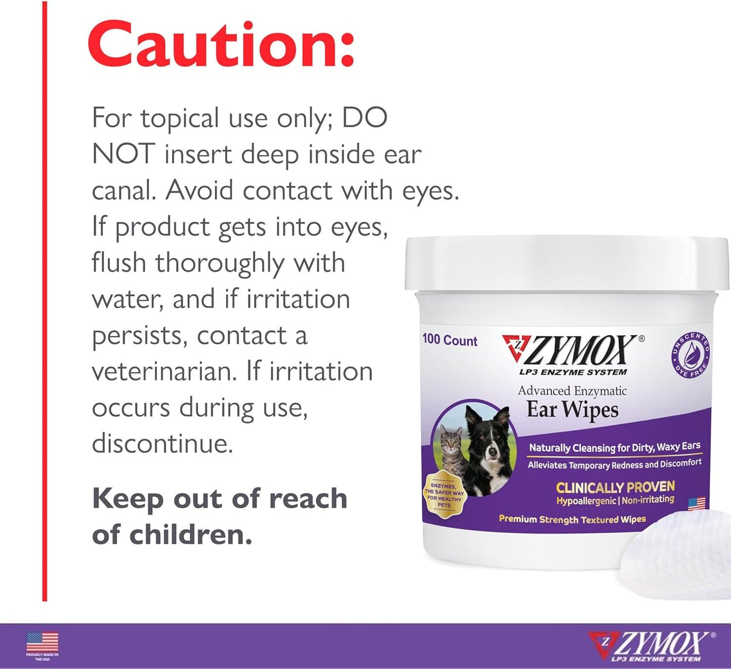 Zymox Advanced Enzymatic Ear Wipes for Dogs and Cats - for Dirty, Waxy, Smelly Ears - Premium Strength Ear Cleaner Wipes - Non-Irritating - Hypoallergenic - 100 ct