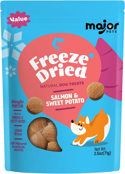 MAJOR PETS Freeze Dried Dog Treats, Wild-Caught Salmon & Sweet Potato, 100% Natural, Single High Protein, Rich in Omega-3, Grain Free, Healthy Training Bites & Meal Topper, Made in The USA, 2.5oz