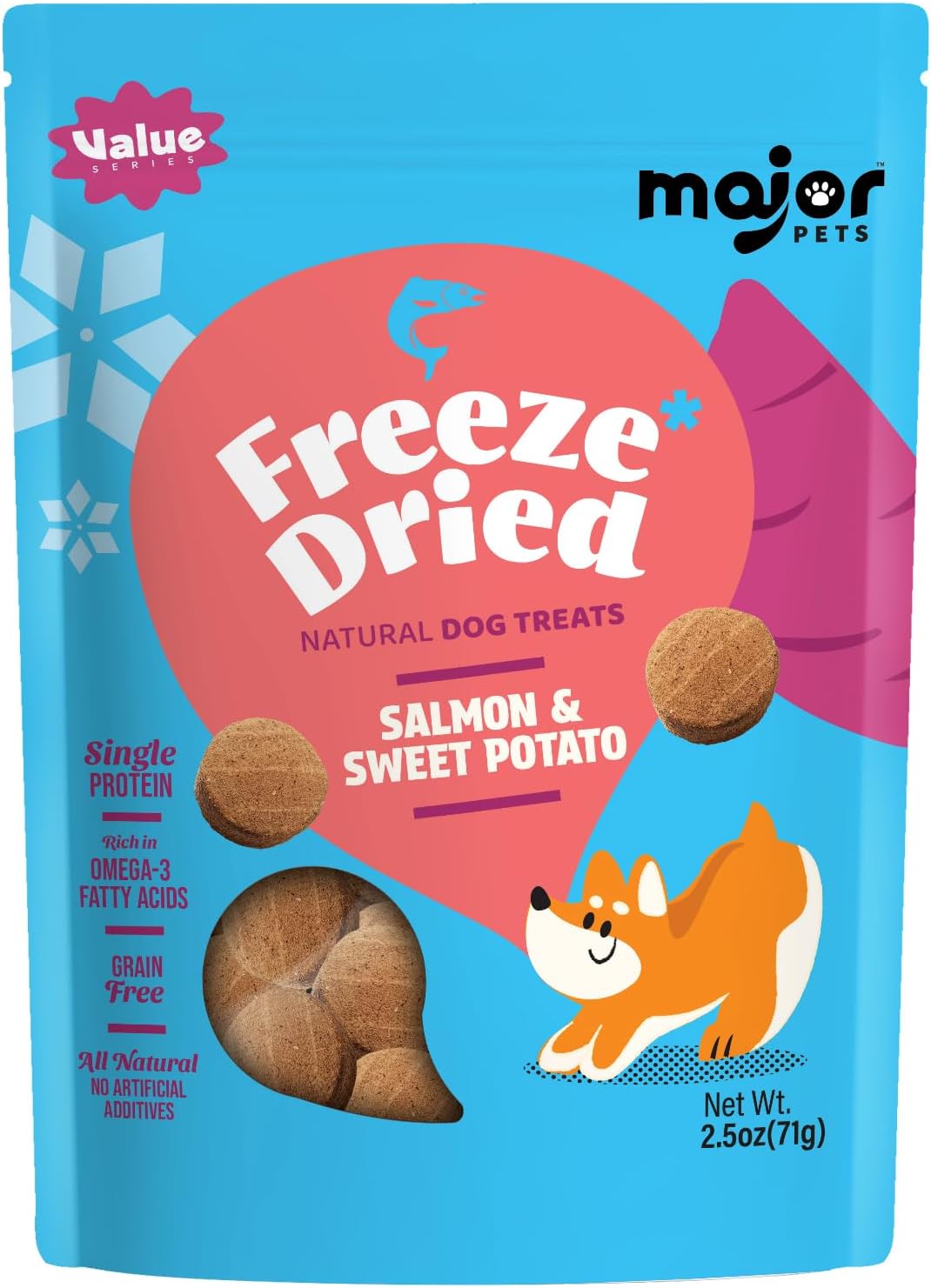 MAJOR PETS Freeze Dried Dog Treats, Wild-Caught Salmon & Sweet Potato, 100% Natural, Single High Protein, Rich in Omega-3, Grain Free, Healthy Training Bites & Meal Topper, Made in The USA, 2.5oz