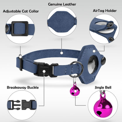 Breakaway Airtag Cat Collar with Removable Bell - Leather Soft Pet Collar with Apple Air Tag Holder - Adjustable GPS Collars for Girl Boy Cats Kitten Puppy - Lightweight, Cute and Comfortable (Blue)