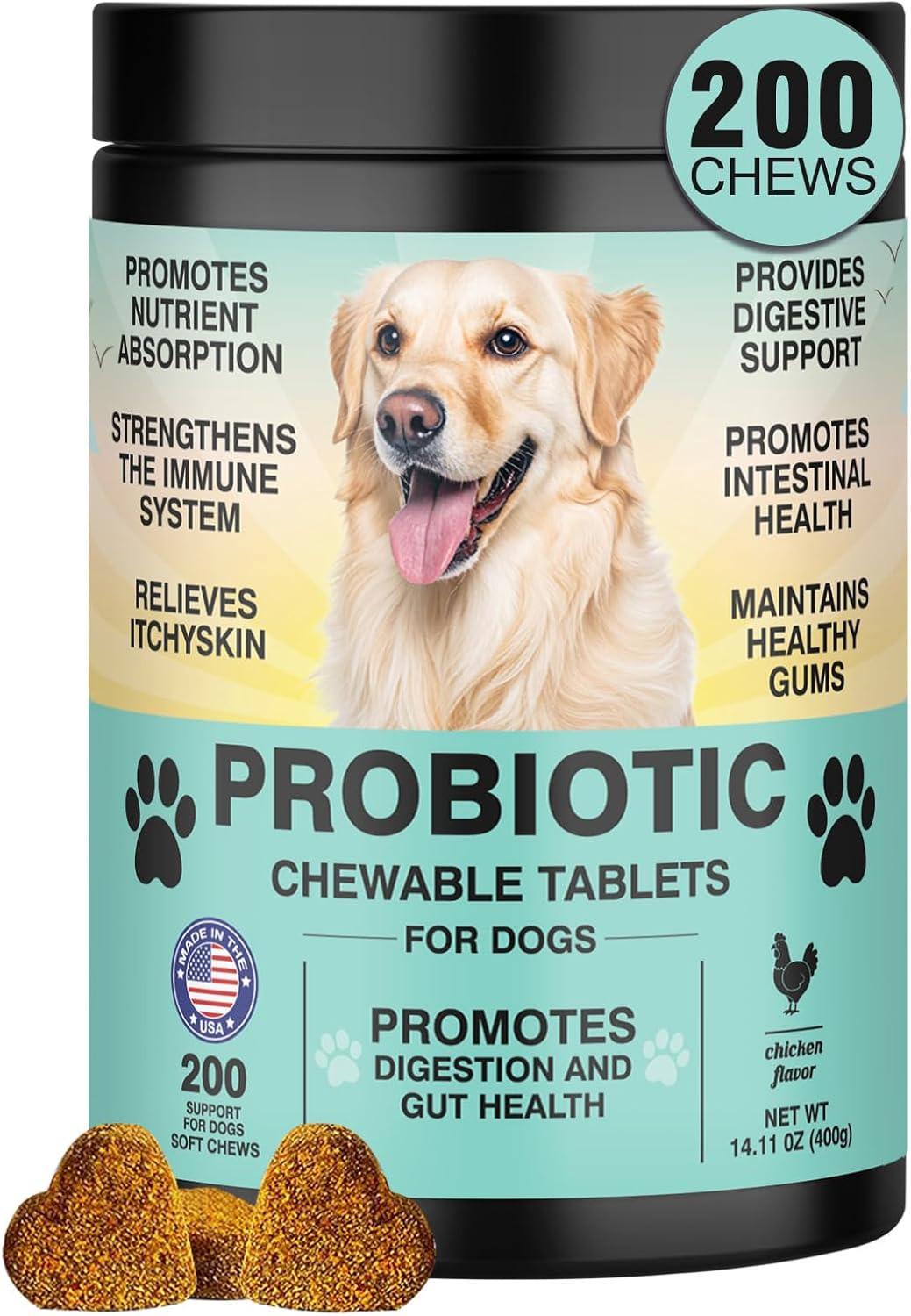 Probiotics for Dogs Gut Digestive Health Probiotic Chew for Dogs Digestive Enzymes Relieve Diarrhea Immunity Oral Problems Itching Constipation Prebiotics Dog Probiotics 200 Tablets Chicken Flavor