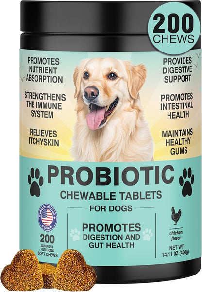 Probiotics for Dogs Gut Digestive Health Probiotic Chew for Dogs Digestive Enzymes Relieve Diarrhea Immunity Oral Problems Itching Constipation Prebiotics Dog Probiotics 200 Tablets Chicken Flavor