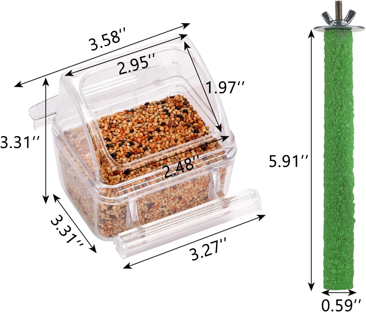 IBWell 2 Pack Clear Water Bowl and Food Container - Bird Cage Feeder With Perch for Parakeets - No Mess Design