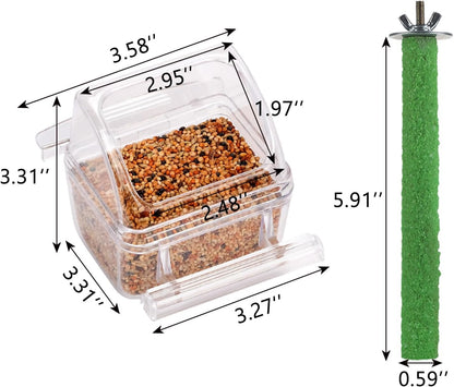 IBWell 2 Pack Clear Water Bowl and Food Container - Bird Cage Feeder With Perch for Parakeets - No Mess Design