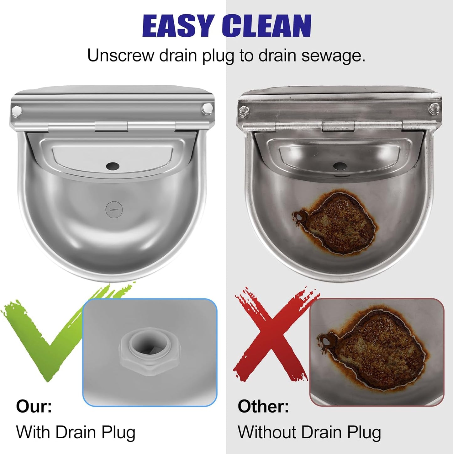 ToLanbbt Automatic Animal Dispenser Horse Water Bowl with Float Valve Stainless Steel Goat Waterer Feeder Outside Water Trough for Livestock Auto Fill Dog Watering Bowl with 1/2" Hose, Drainage Hole