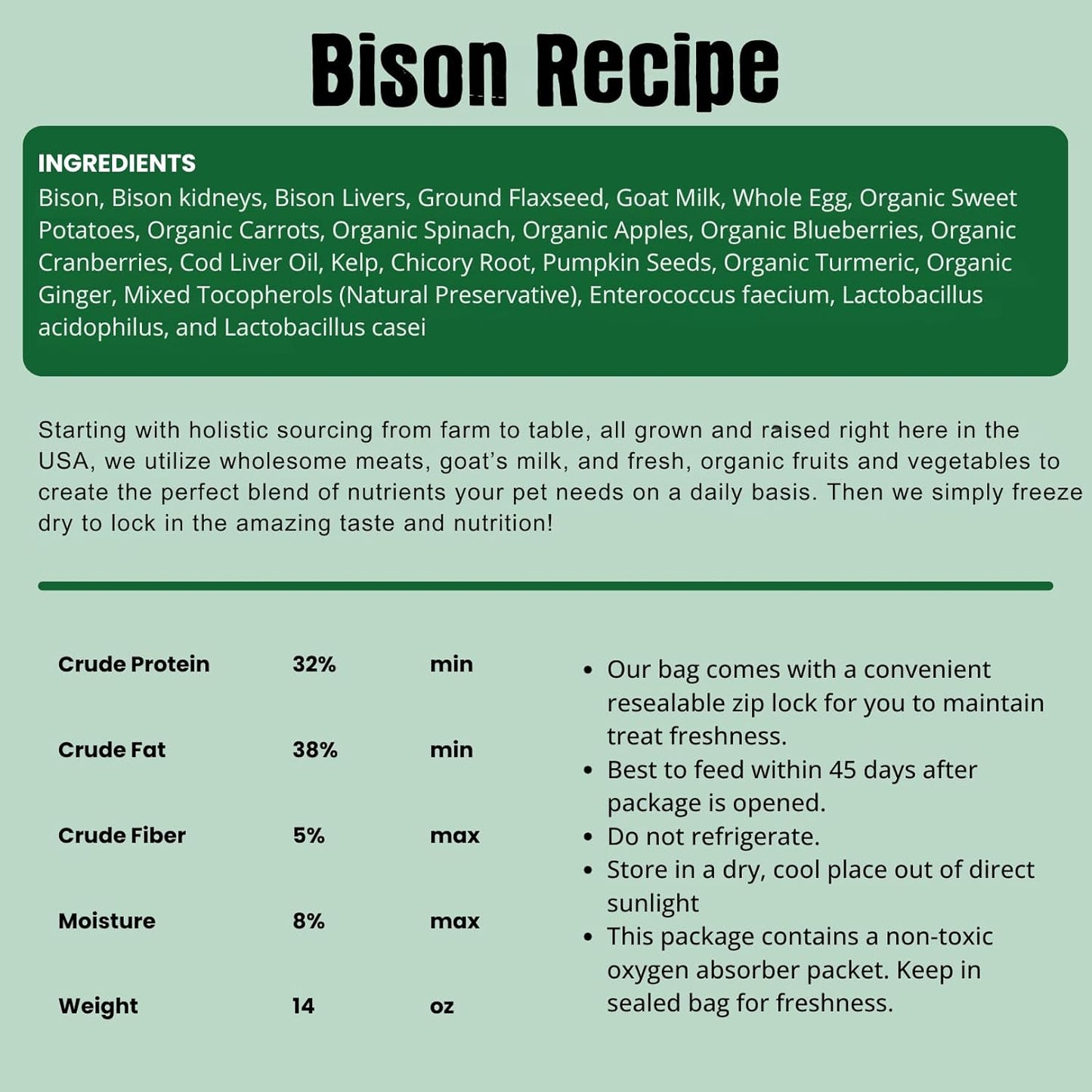 Shepherd Boy Farms Freeze Dried Raw Dog Food, Bison Recipe, All Natural, No Synthetics, Made in USA with Goat's Milk & Organic Produce, High Protein, Complete Meal (14oz)