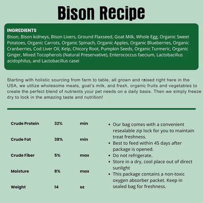 Shepherd Boy Farms Freeze Dried Raw Dog Food, Bison Recipe, All Natural, No Synthetics, Made in USA with Goat's Milk & Organic Produce, High Protein, Complete Meal (14oz)