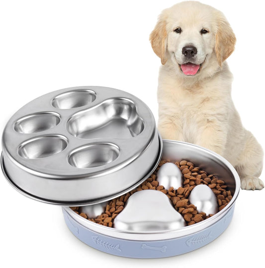 Slow Feeder Dog Bowl - 2-in-1 Stainless Steel Pet Bowl (8.27"x1.57", 33.8oz) with Non-Slip Base - Reversible Paw Design for Small/Medium/Large Dogs - Helps Slow Fast Eating for Dry & Wet Food