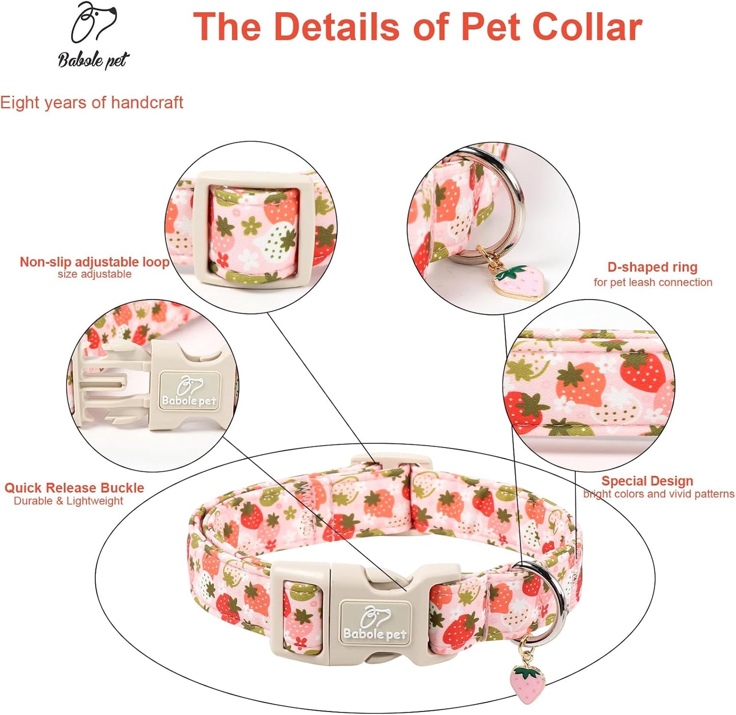 Strawberry Dog Collar for Medium Dogs - Sweet Girl Dog Collars for Spring Summer, Cute Pastel Pink & Floral Fruit Print, Adjustable Puppy Collar with Quick-Release Buckle M