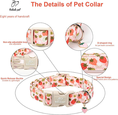 Strawberry Dog Collar for Medium Dogs - Sweet Girl Dog Collars for Spring Summer, Cute Pastel Pink & Floral Fruit Print, Adjustable Puppy Collar with Quick-Release Buckle M