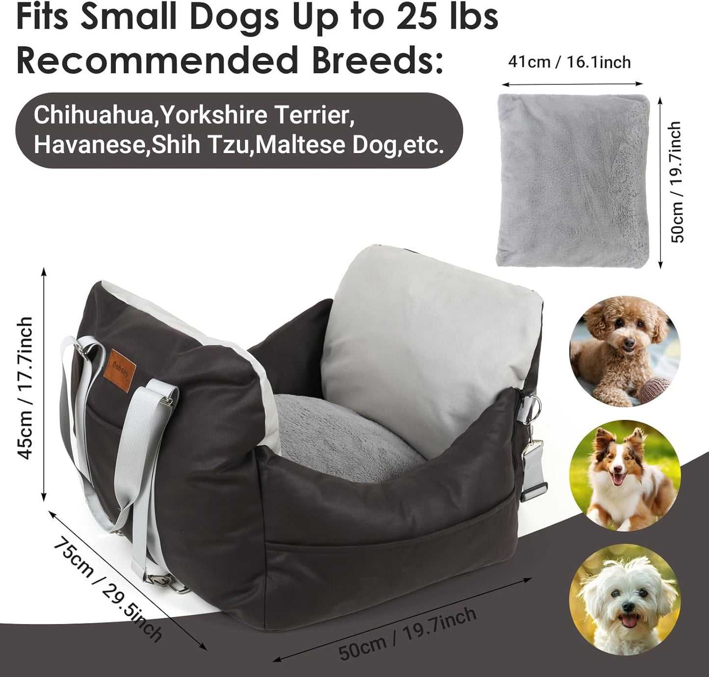 Leath-Aire Dog Car Seat, Scratch Resistant, Waterproof Booster Seat with Storage Pockets and Clip-On Safety Leash, Portable Dog Travel Carrier Bed up to 25lbs (Black/Grey)