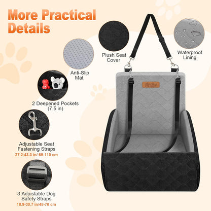 Elevated Dog Car Seat, Dog Booster Car Seats for Small & Medium Breeds Up to 35lbs, Fully Detachable and Washable, Memory Foam Pet Carseat with 2 Storage Pockets & 3 Safety Belts, Black & Gray