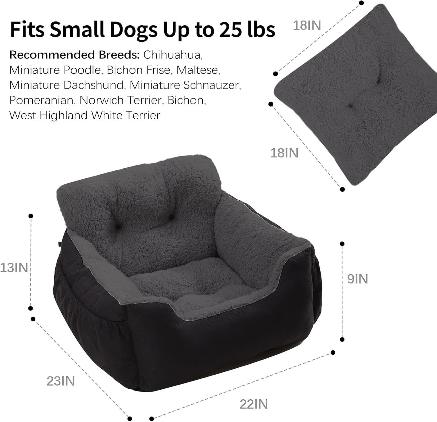 Dog Car Seat for Small Dogs,Washable Pet Booster Seats for Car with Clip-On Safty Leash, Reversible Puppy Carseat with Storage Pockets, Travel Carrier Bed for Dogs Under 25 lbs, Dark Grey