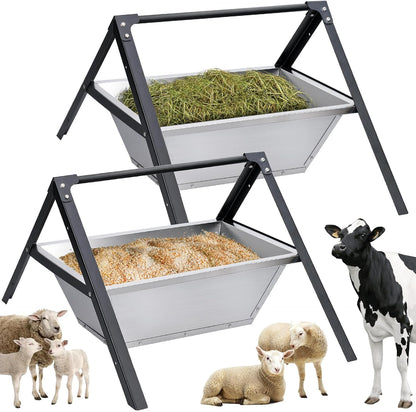 2 Pack Heavy-Duty Livestock Feeder Trough, Stainless Steel Goat Feeder Supplies and Large Capacity Goat Hay Feeder for for Sheep, Horses, Hogs
