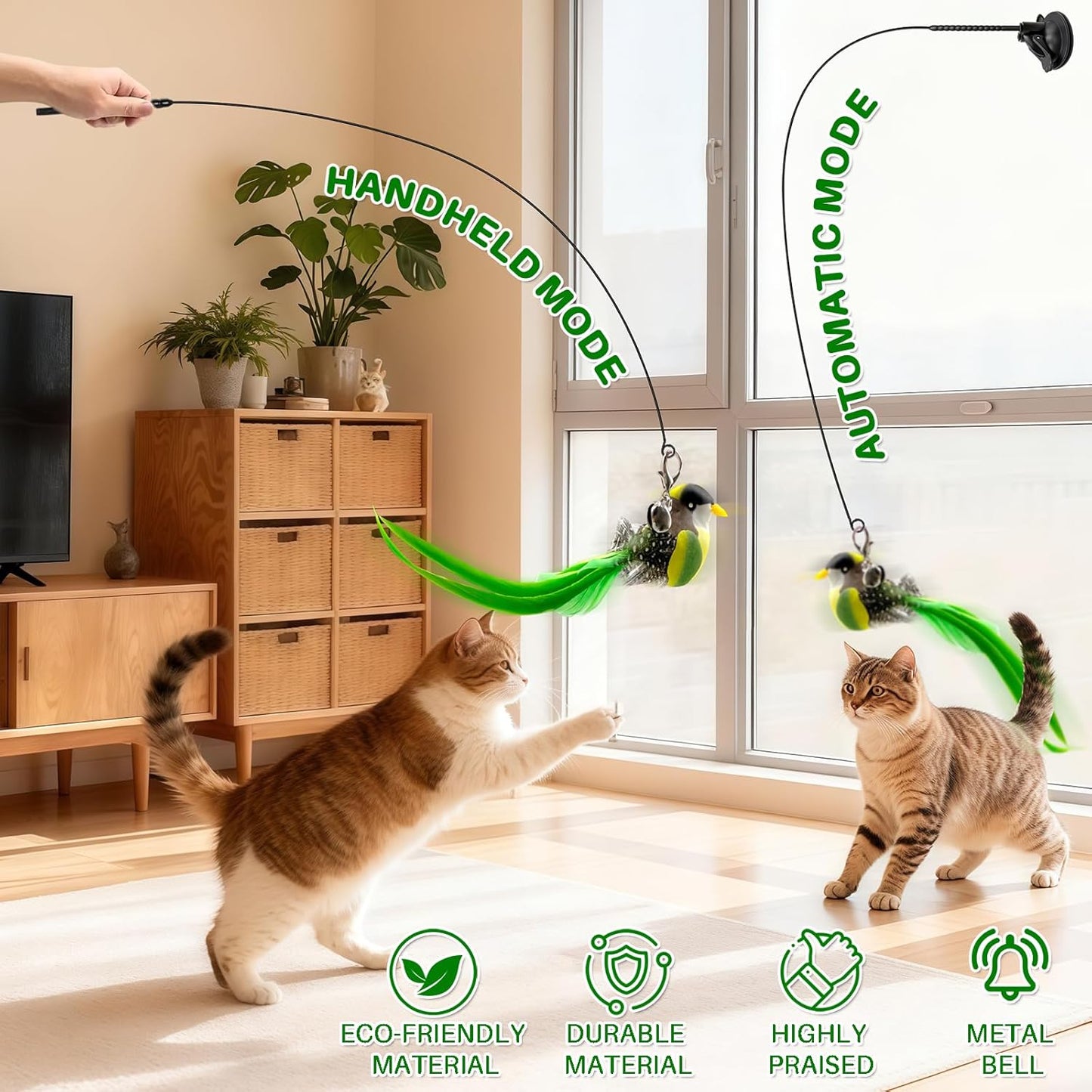 Walfront Cat Toy Interactive Teaser Wand with Green Bird Attachment,Dual-Head Suction Cup Base, Durable Replaceable Feather Lure for Independent Play or Interactive Bonding with Indoor Cats & Kittens