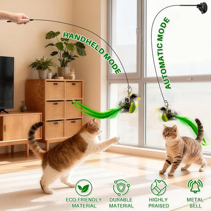 Walfront Cat Toy Interactive Teaser Wand with Green Bird Attachment,Dual-Head Suction Cup Base, Durable Replaceable Feather Lure for Independent Play or Interactive Bonding with Indoor Cats & Kittens