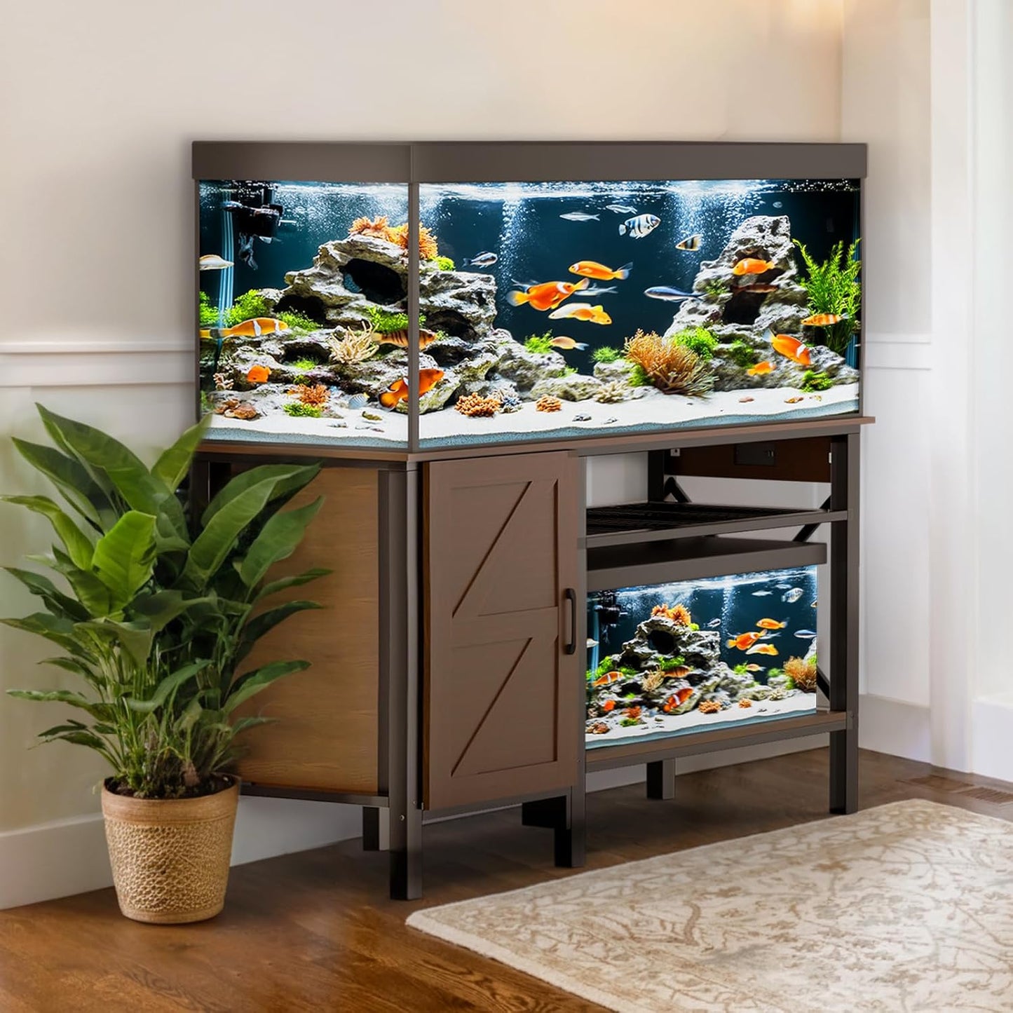 55-75 Gallon Fish Tank Stand - Heavy Duty Aquarium Stand with Power Outlets, Cabinet for Fish Tank Accessories Storage, Metal Frame, Suitable for Fish Tank, Turtle Tank, 880LBS Capacity, Brown