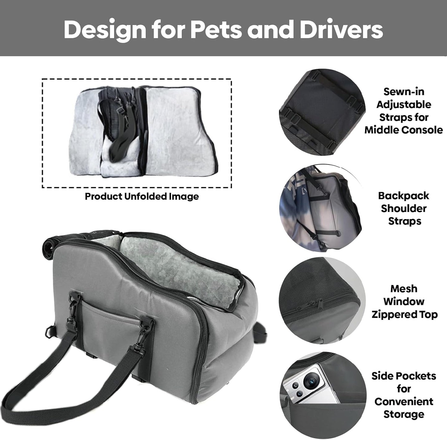 Cat Car Seat Center Console with Harness for Pets Under 10 Lbs, Cat Carrier for Car Armrest, Middle Console Dog Bed Small Dogs, Travel & Portable & Safe, Kitten Puppy Small Pet, 0-10 Lbs