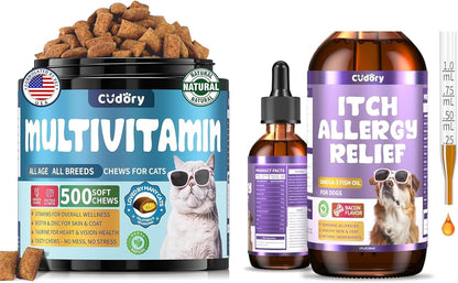 Cat Multivitamin, Crunchy & Creamy Cheese Chew Dog Allergy Relief Drops, Skin & Coat Support