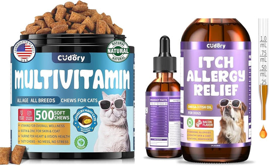 Cat Multivitamin, Crunchy & Creamy Cheese Chew Dog Allergy Relief Drops, Skin & Coat Support