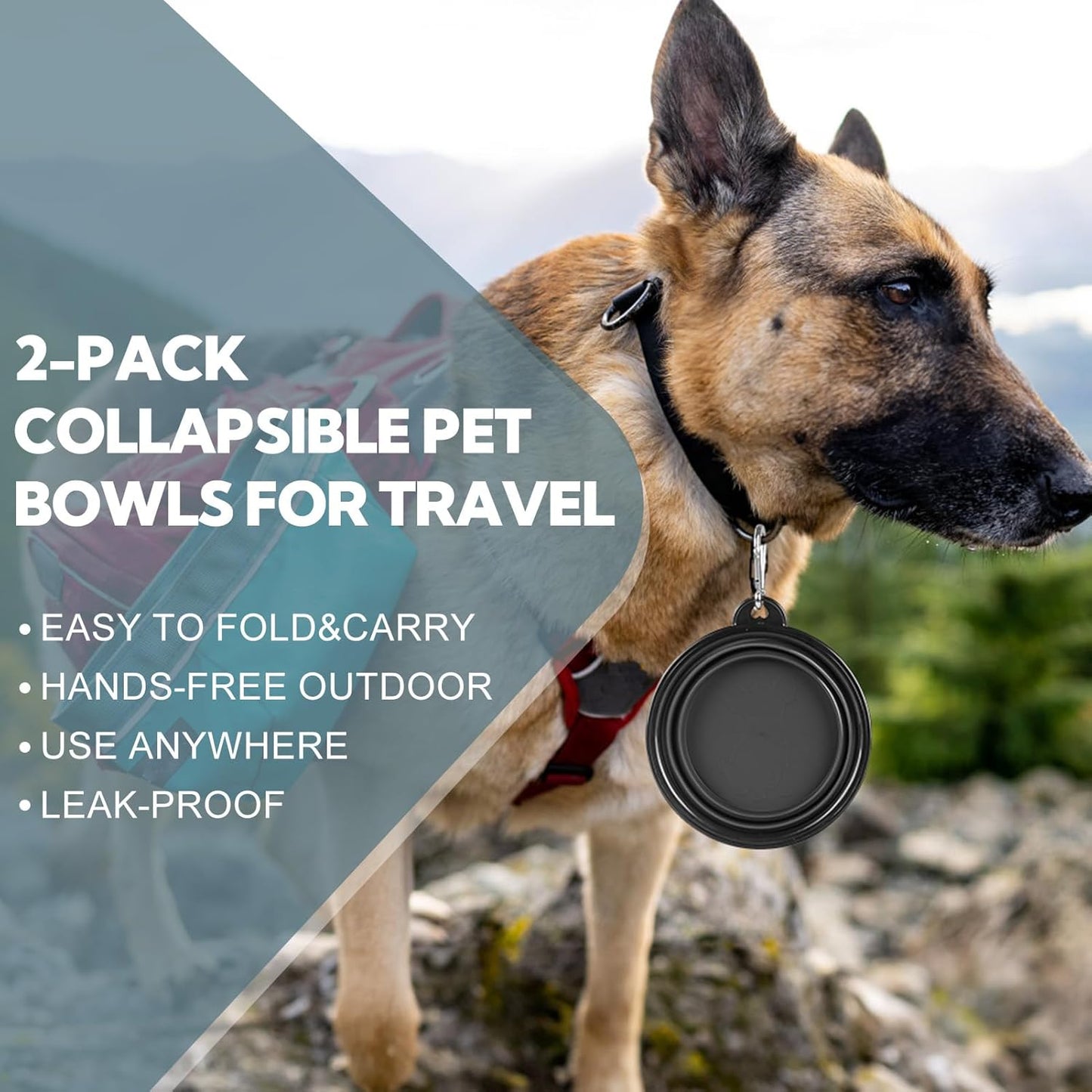 Dog Bowl Collapsible, 2 Pack Portable Foldable Travel Water Bowl Food Dishes with Carabiner Clip for Traveling, Hiking, Walking(12oz, Small, Blue+Black)