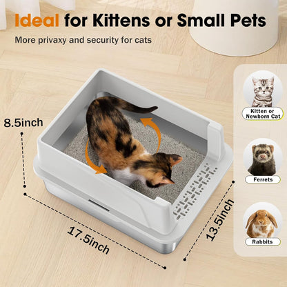 2PACK Stainless Steel Cat Litter Box with Lid, High-Sided Metal Litter Pan for Small Cats, Kitty Litter Box, Non-Stick & Odor-Resistant, Anti-Urine Leakage, Easy to Clean, Scoop Included