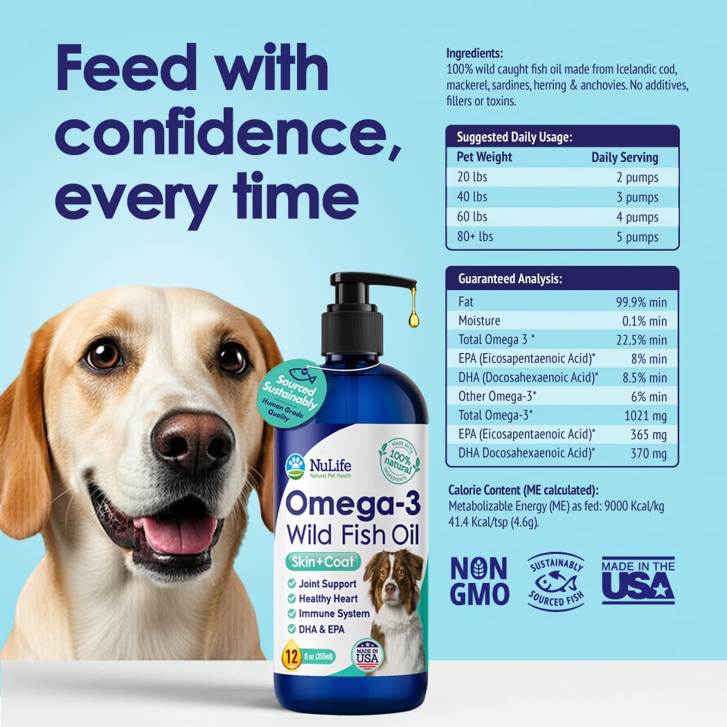 Liquid Fish Oil for Dogs with Omega 3, 6 & 9 Fatty Acids, Wild Caught from Iceland, Skin and Coat Supplement for Shedding, Itchy Skin, Allergies, Brain and Heart Health, Rich in EPA + DHA - 12 oz