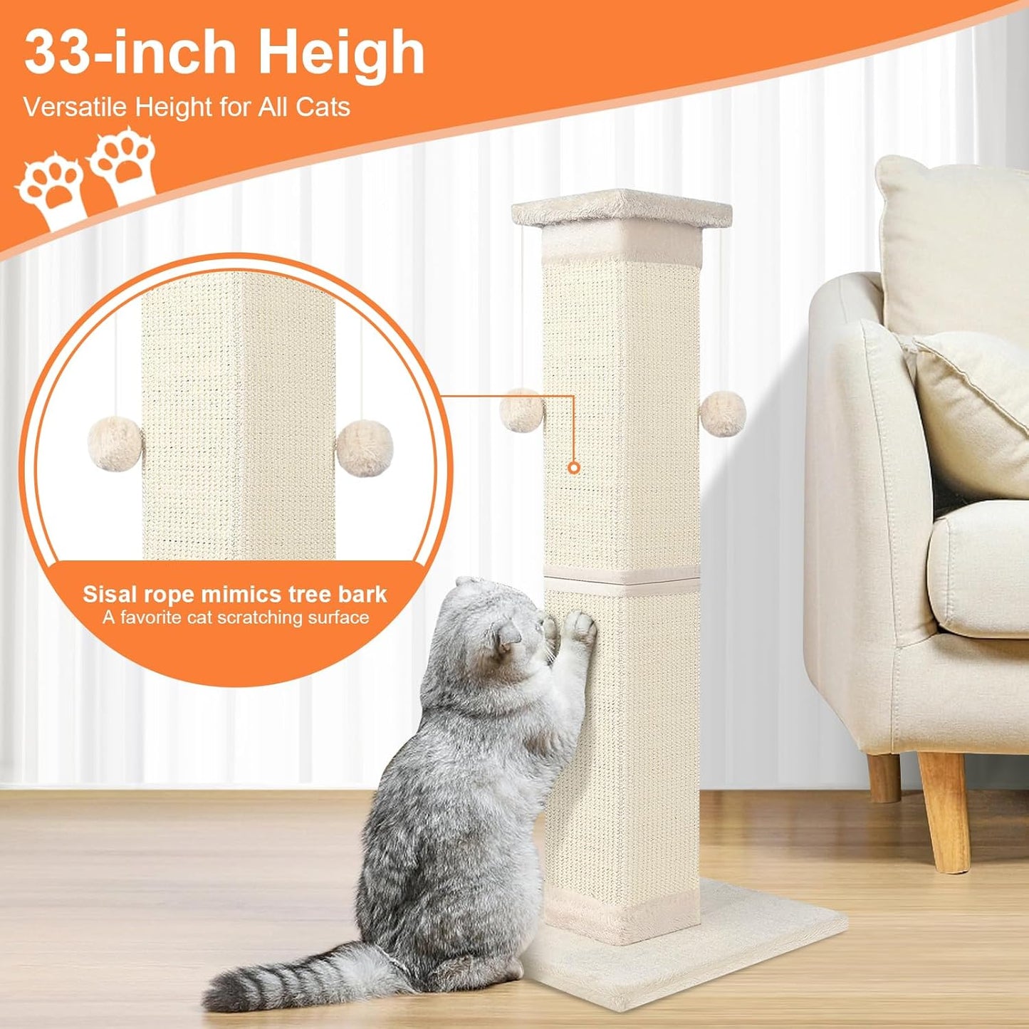Cat Scratching Post 33 Inch Nature Sisal Cat Scratch Post for Indoor Cats, Large Cat Scratcher Protect Your Furniture, for All Breeds