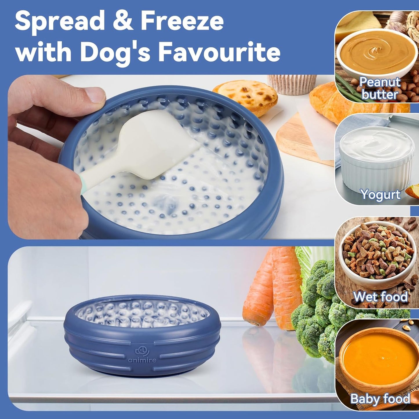 Dog Lick Bowl, Animire Freeze Lick Mat for Dogs, Non-Slip Slow Feeder Licking Bowl Enrichment Treat for Distraction Anxiety Relief, Food Grade Silicone, Dishwasher Safe(Dark Blue,XL)