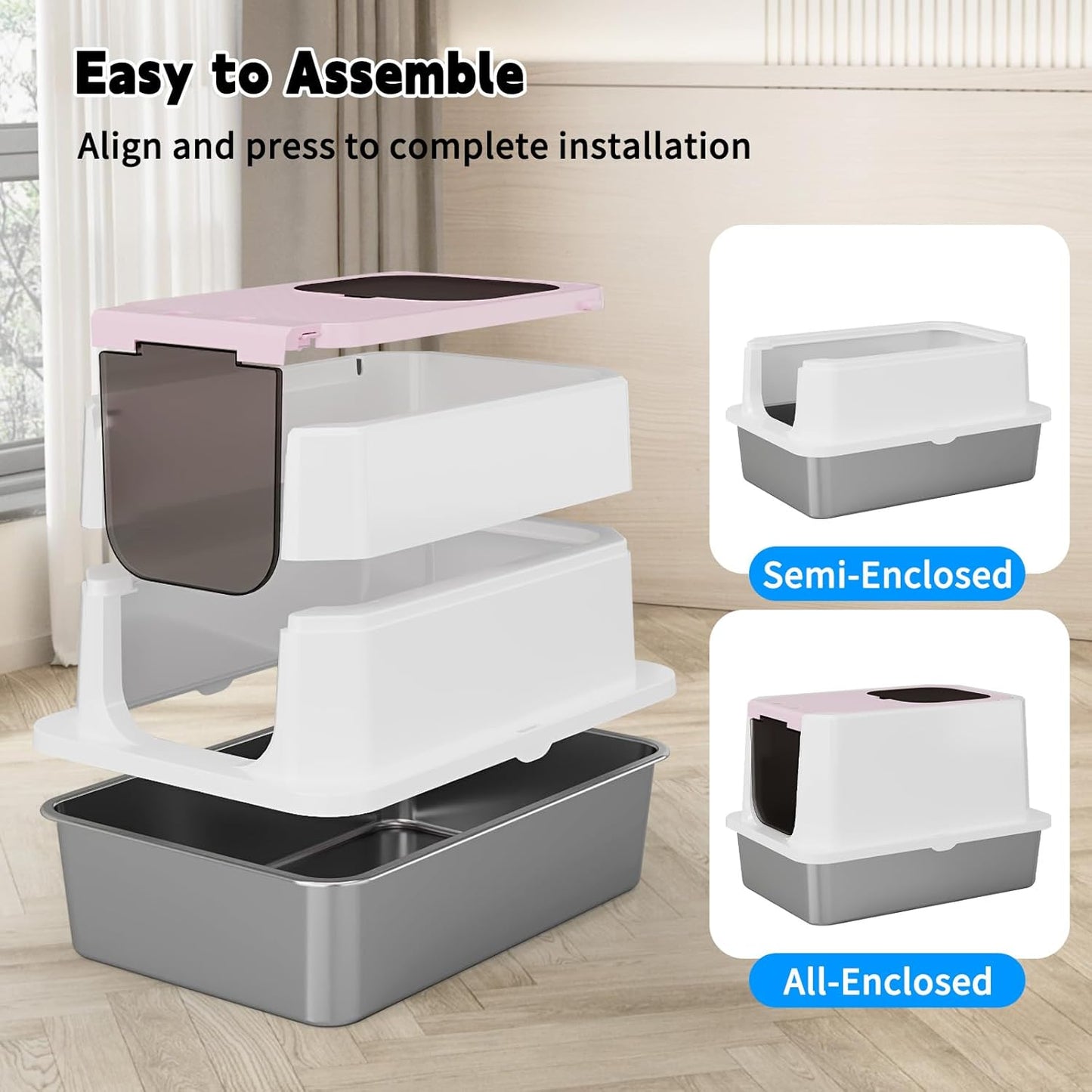 RIZZARI Pink Stainless Steel Cat Litter Box and Cat Litter Bundle