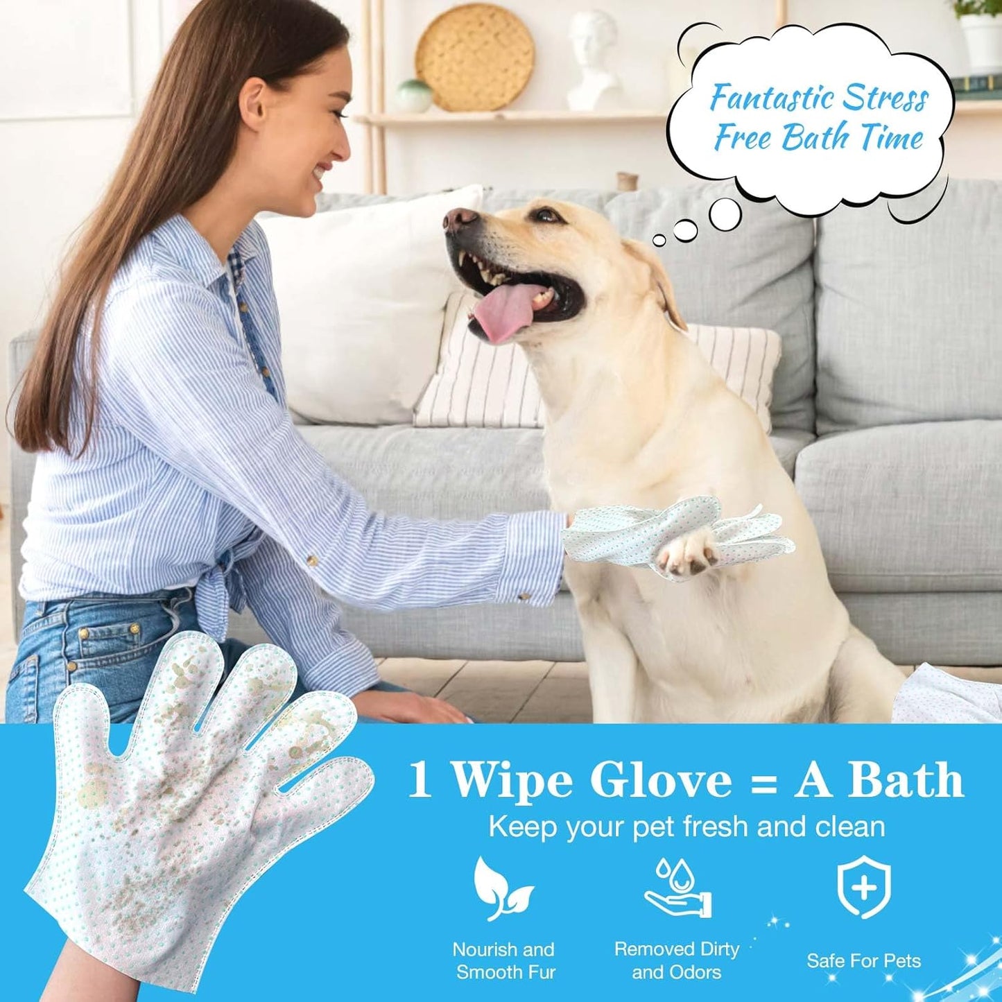 Dog Cleaning Gloves Wipes 30pcs Deodorizing Disposable Pet Grooming Bathing Gloves Extra Thick, No Rinse Shampoo Dry Cleaning Gloves for Dogs & Cats Paw Face Ear Fur and Butt