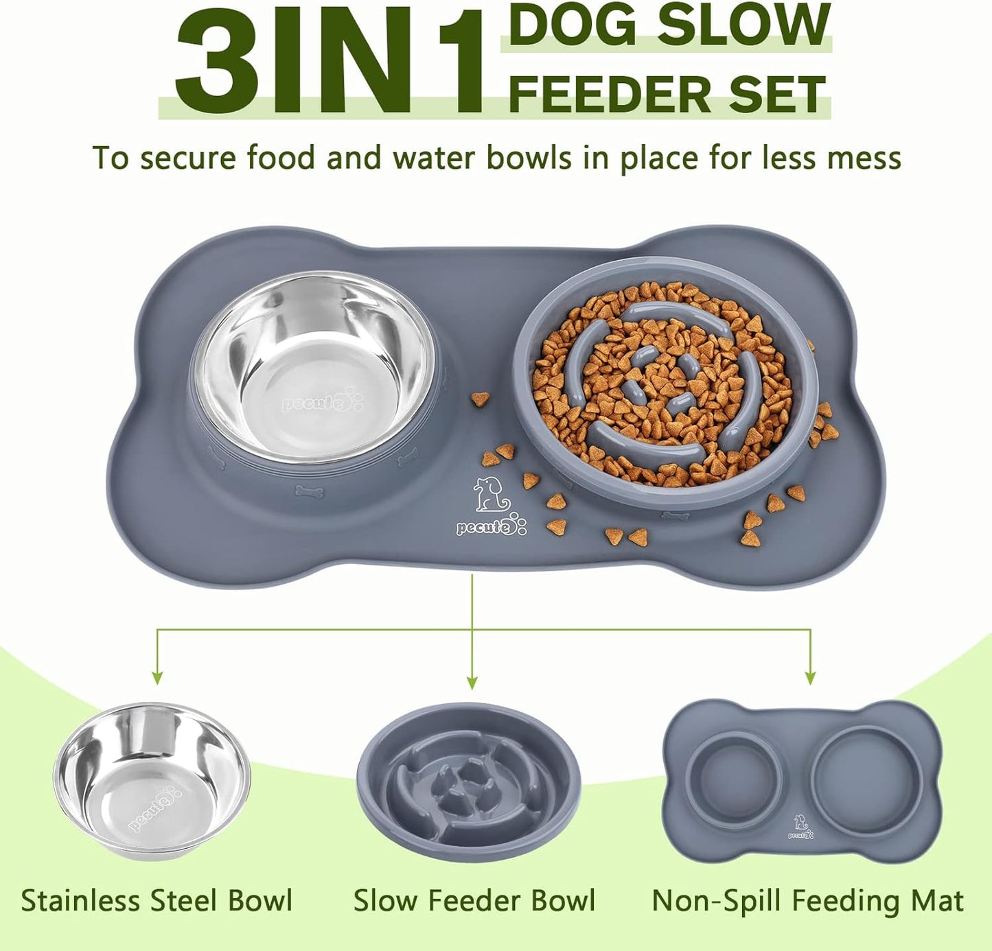 Pecute Slow Feeder Dog Bowls to Slow Down Eating, Dog Bowl Slow Feeder with No-Spill Non-Skid Silicone Mat, Food-Grade Safe Dog Food Bowls Slow Feeder, Stainless Steel Dog Water Bowl for Dogs Cats