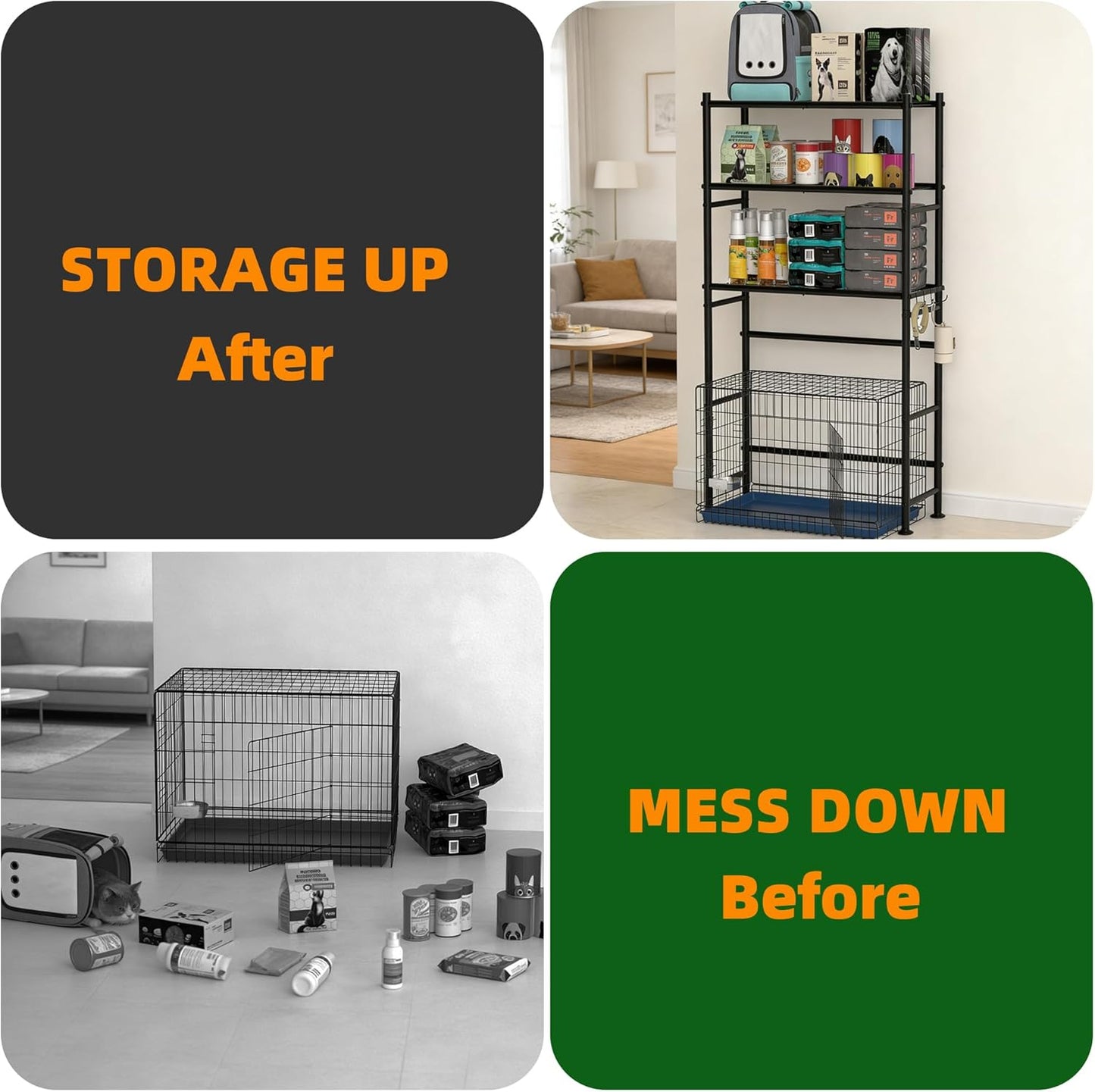 Over The Dog Crate Storage Shelf, 3-Tier Metal Dog Crate Furniture Stand for Most Breed Sizes, Freestanding Above The Cat Litter Box Shelves, Pet Supplies Organizer with Adjustable Feet, Black