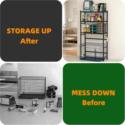 Over The Dog Crate Storage Shelf, 3-Tier Metal Dog Crate Furniture Stand for Most Breed Sizes, Freestanding Above The Cat Litter Box Shelves, Pet Supplies Organizer with Adjustable Feet, Black