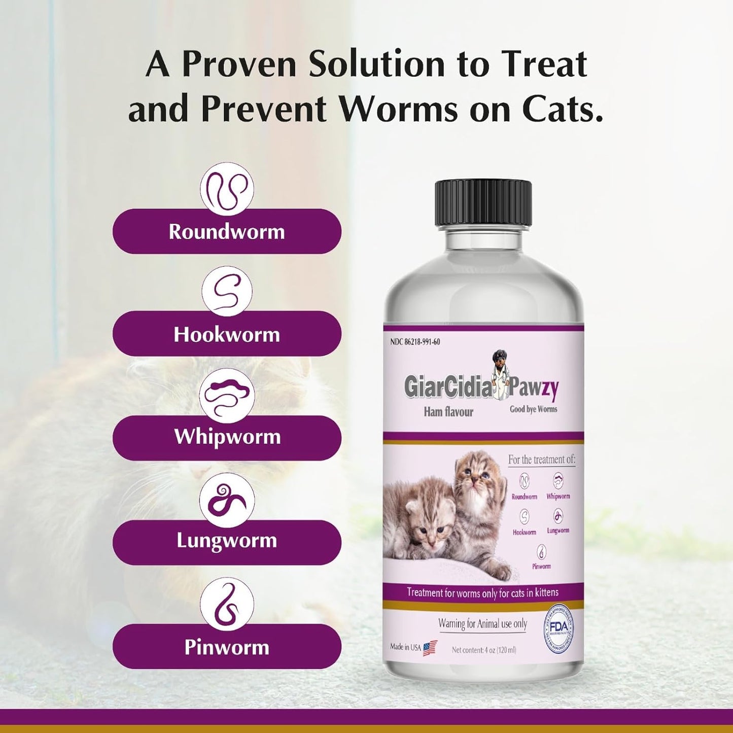 No More Worms in Cats and Kittens - Dewormer for Cats - Ham Flavour with 3ml Dropper