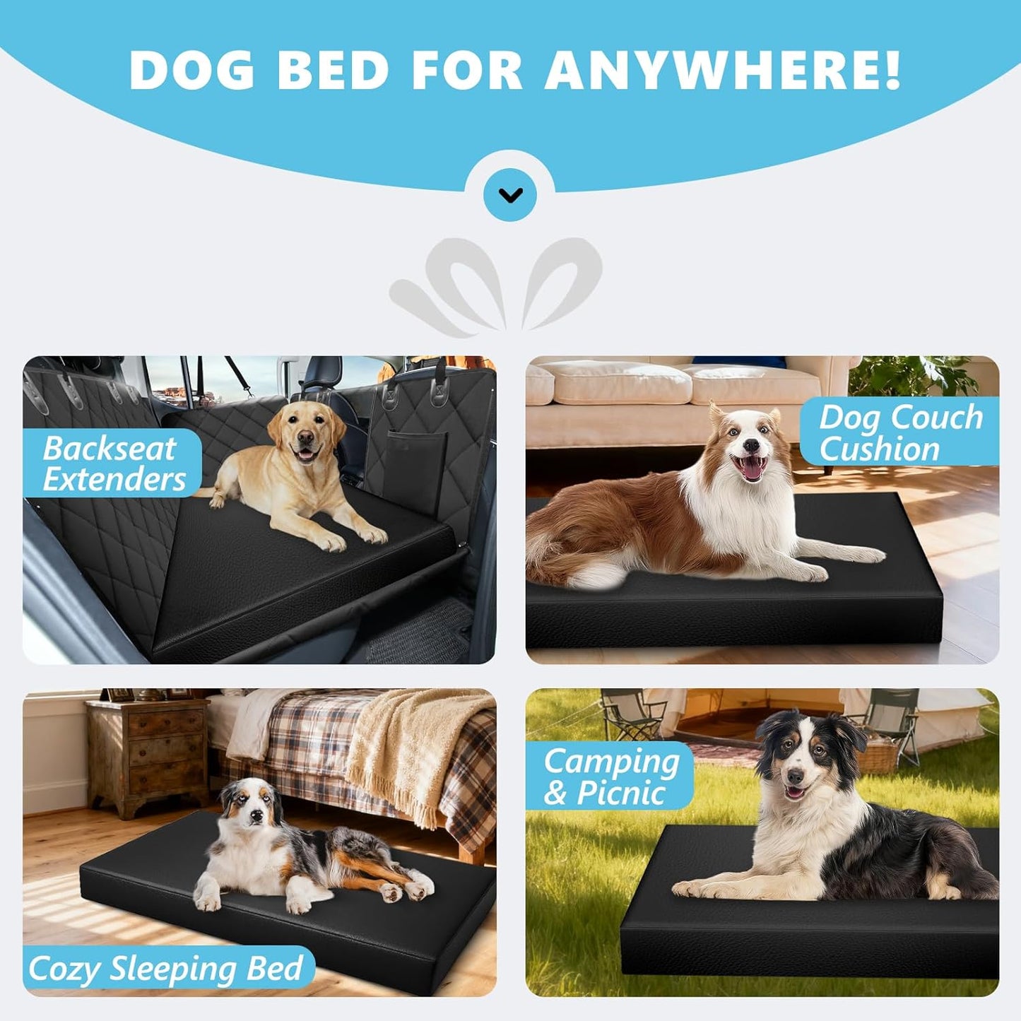 Backseat Dog Bed, Dog Bed for Car Back Seat, 4in Thick PU Leather Pet Bed for Backseat Extender – Waterproof, Scratch-Proof, Non-Slip, Removable & Washable for SUVs, Sedans & Trucks (51"x23.5", Black)