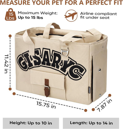 Dog Purse Carrier for Small Dogs, Cats and Puppies – Soft-Sided Foldable Pet Travel Bag with Multi Pockets, 3-Sided Mesh & Rollable Cover for Nervous Cats, Fits Pets up to 15 lbs (Beige)