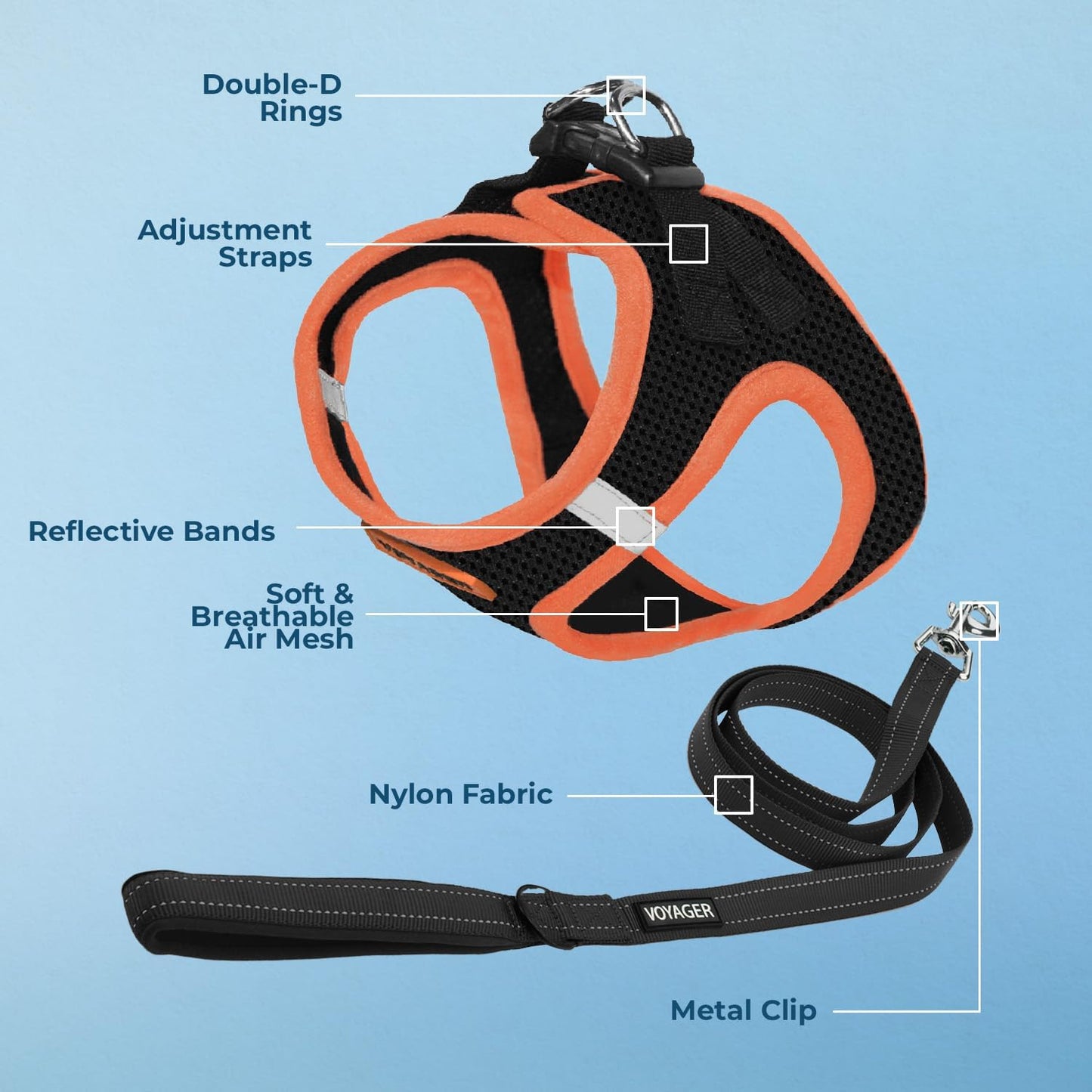 Best Pet Supplies Voyager Step-in Air All Weather Mesh Harness and Reflective Dog 5ft Leash Combo with Neoprene Handle, for Small, Medium and Large Breed Puppies - Set (Black/Orange Trim), Medium
