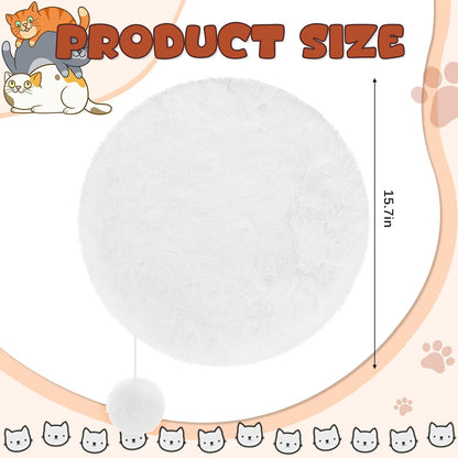 Abbylike 3 Pack 16" Round Cat Dog Bed Cushion Pad Mat Faux Rabbit Fur Pet Sleeping Mat with Small Ball Warm Plush Anti Slip Washable Cat Tree Tower Replacement Cushion Pad for Carrier Crate, White
