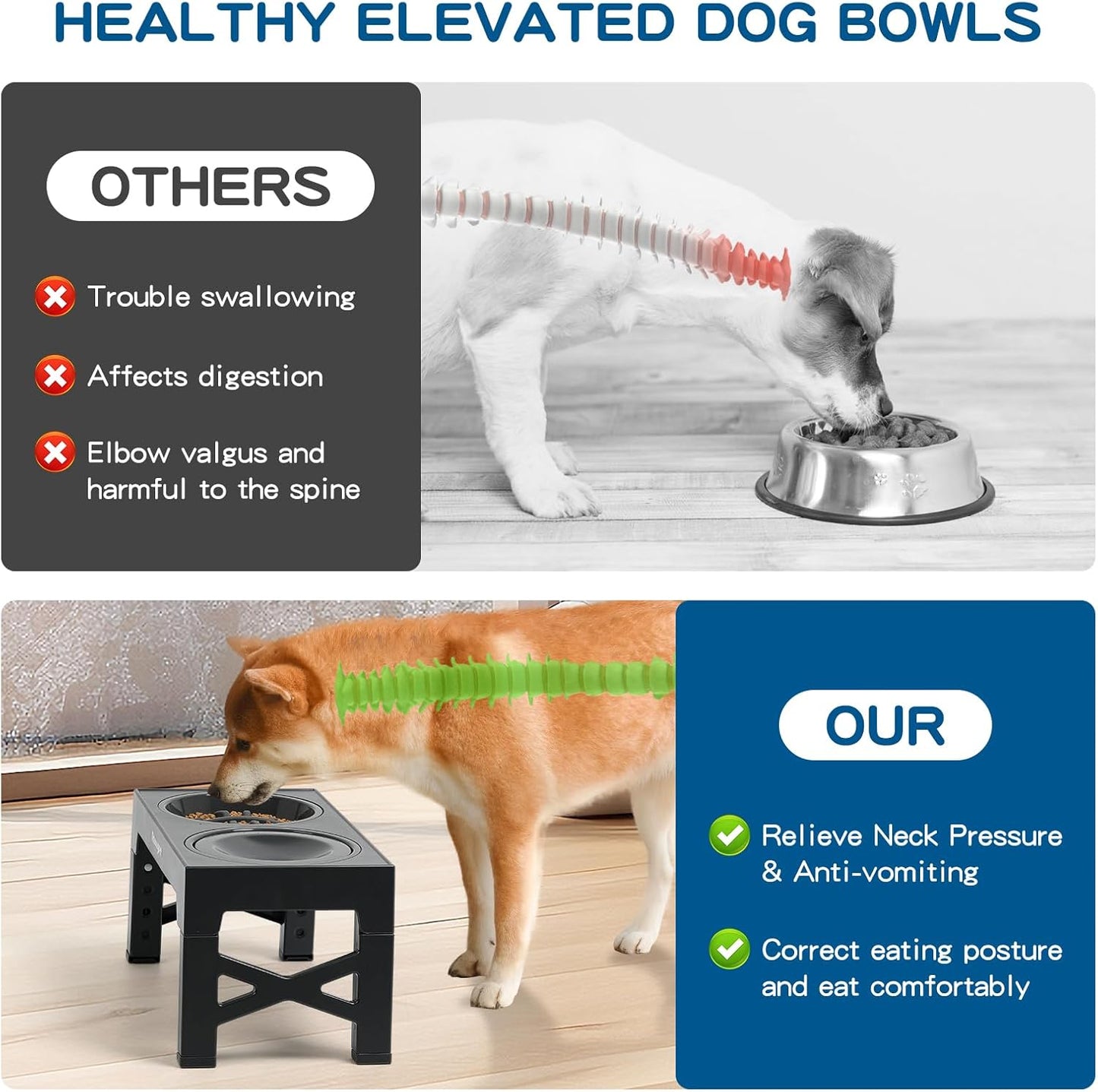 2-in-1 Elevated Slow Feeder Dog Bowls for Food and Water, 5 Heights Adjustable Raised Dog Bowls, Non-Slip, No Spill, for Small Medium Large Dogs and Cats(Grey)
