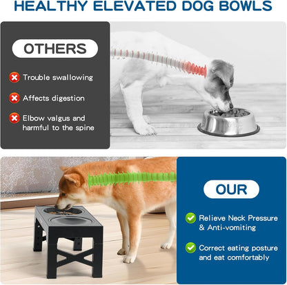 2-in-1 Elevated Slow Feeder Dog Bowls for Food and Water, 5 Heights Adjustable Raised Dog Bowls, Non-Slip, No Spill, for Small Medium Large Dogs and Cats(Grey)