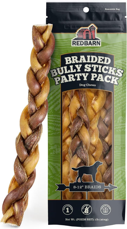 Redbarn Pet Products All Natural 8"-12" Braided Bully Sticks for Medium & Large Dogs - Healthy Long Lasting Beef Chews Variety Party Pack - Single Ingredient Low Odor Rawhide Free - 1 lb Bag