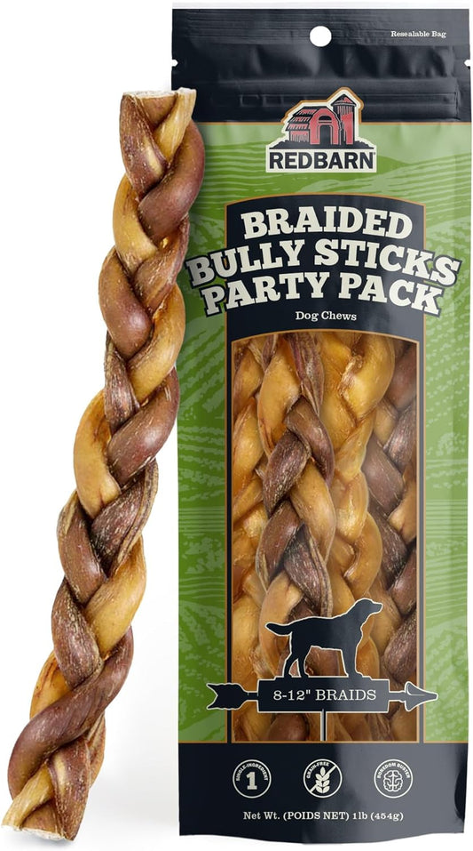 Redbarn Pet Products All Natural 8"-12" Braided Bully Sticks for Medium & Large Dogs - Healthy Long Lasting Beef Chews Variety Party Pack - Single Ingredient Low Odor Rawhide Free - 1 lb Bag