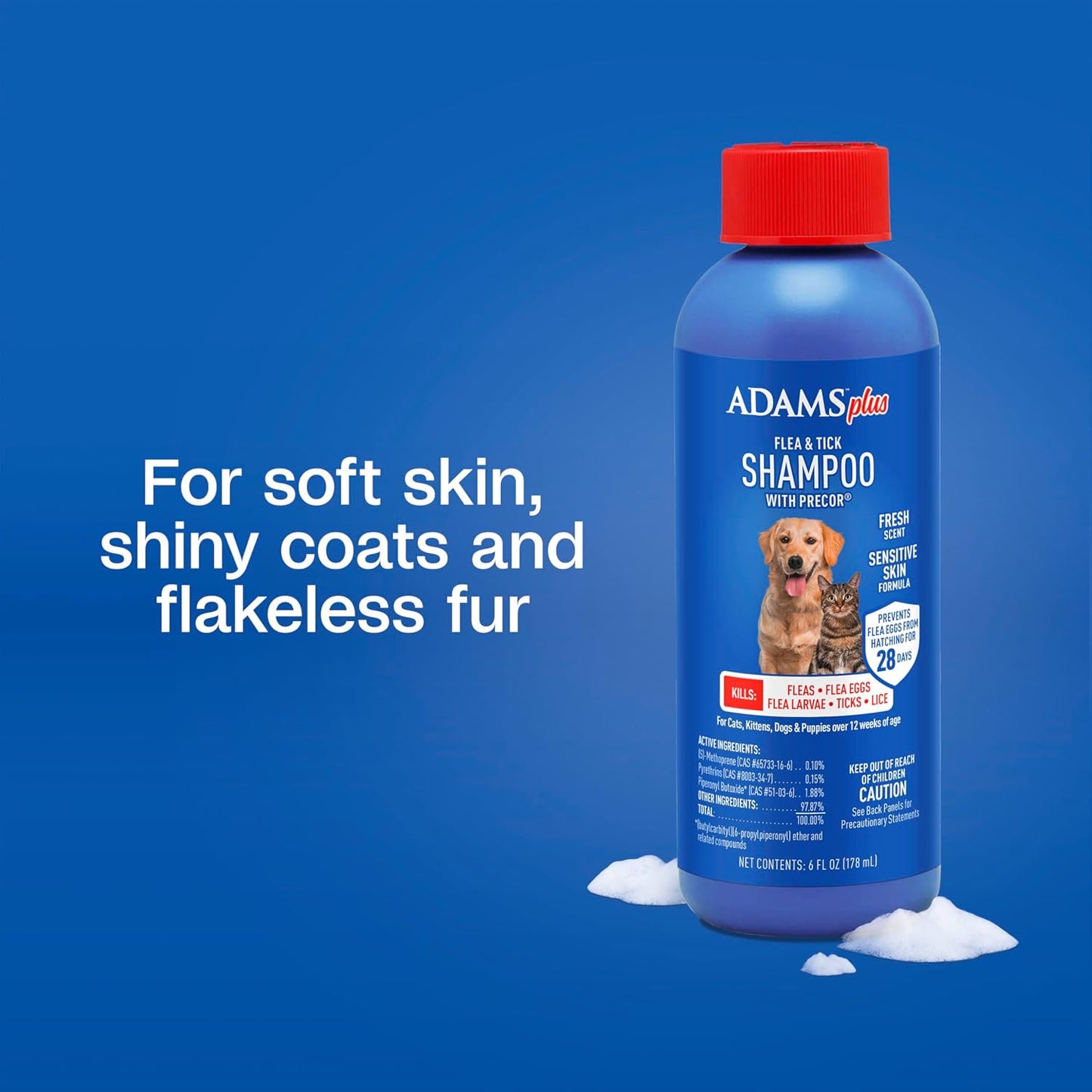 ADAMS Plus Flea & Tick Shampoo with Precor IGR for Cats, Kittens, Dogs & Puppies Over 12 Weeks Of Age, Sensitive Skin Flea Treatment, Kills Adult Fleas, Flea Eggs, Ticks, and Lice, 6 Ounces