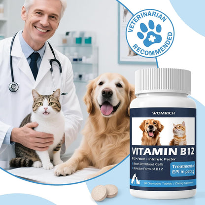 Appetite Stimulant Vitamin B12 Tablets for Cats and Dogs –| Methylcobalamin Supplement – Treatment of EPI in Pets Supports Energy, Red Blood Cell Formation, Nervous System, and Appetite – 90 Tablets