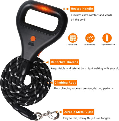 PLAYJOY Heated Handle Dog Leash 6FT Heavy Duty Rope Leash for Medium Large Dogs, Strong Reflective Training Leashes for Pull Control, 3-Mode Warm Grip for Black Winter Dog Walking Traffic Lead