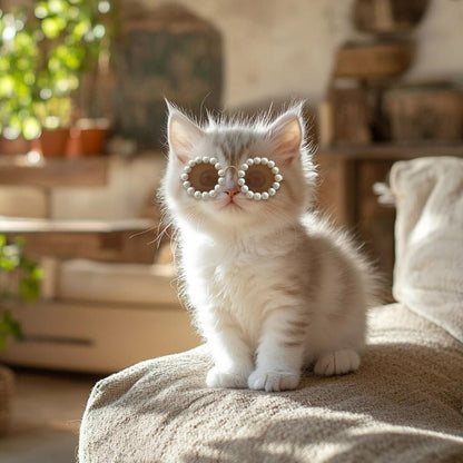 Cute Pearl Cat Sunglasses, Pet Sunglasses for Small Medium Dog/Cat, Holiday Party Pet Costume Accessories, Pet Doll Glasses Costumes, Cats Glasses Dog Sunglasses for Photography Party Wear