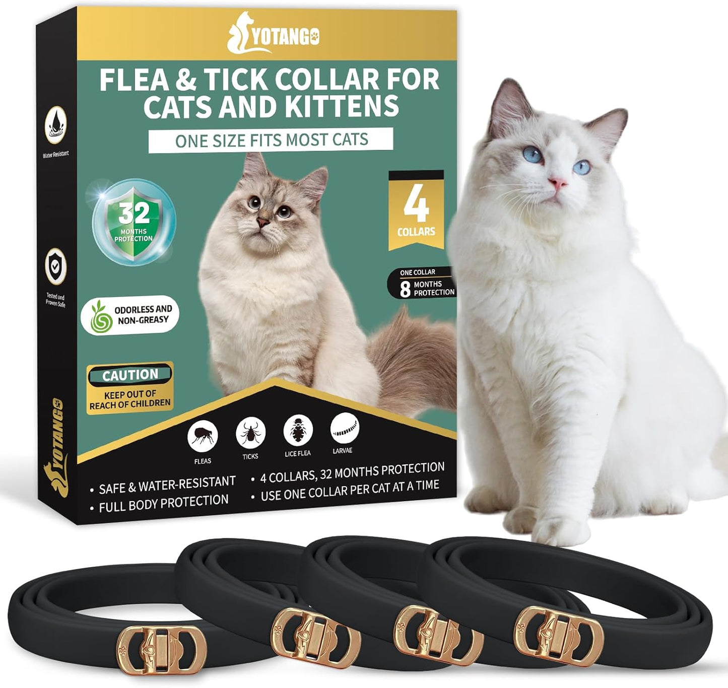 YOTANGO 4 Pack Flea Collar for Cats, 32 Months Flea and Tick Prevention for Cats, Waterproof Cat Fleas Collar, Cat Fleas and Ticks Treatment, Adjustable Tick Collars for Kittens-Black