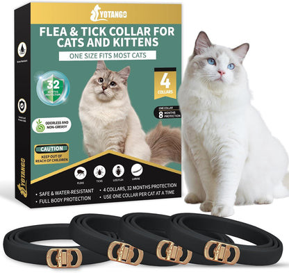 YOTANGO 4 Pack Flea Collar for Cats, 32 Months Flea and Tick Prevention for Cats, Waterproof Cat Fleas Collar, Cat Fleas and Ticks Treatment, Adjustable Tick Collars for Kittens-Black